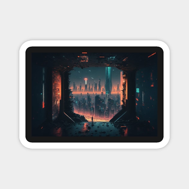 Abstract Cyberpunk City View from Inside Magnet by AICreateWorlds