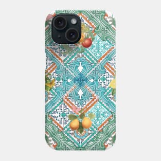 Mediterranean teal tiles, Italian citrus fruit, oranges and lemons Phone Case