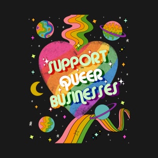 Support Queer Businesses Vintage Distressed with Planets & Rainbows T-Shirt