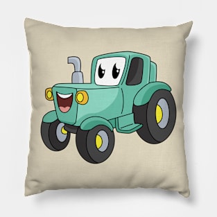 Cute happy green tractor cartoon Pillow