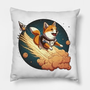 shiba inu flying into space with a rocket Pillow