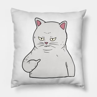 Grumpy white Cat Holding Middle Finger Pillow