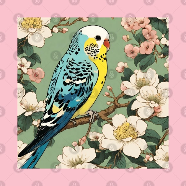 Cute Parakeet in Vintage Japanese Blossoms Parakeet Bird Mom by wigobun