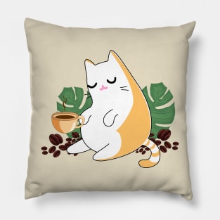 Ginger persian orange cute cat drinking coffee surrounded by leaves and beans of coffee Pillow