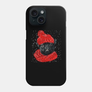 Black Pug Wearing Red Hat And Scarf In Snow Christmas Phone Case