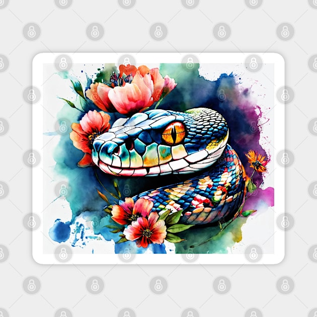 Snake head in the watercolor style  with flowers and vibrant hues. Magnet by MOXIEKHAIR