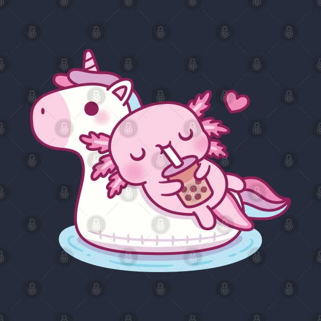 Cute Axolotl Chilling On Unicorn Pool Float Drinking Bubble Tea by rustydoodle