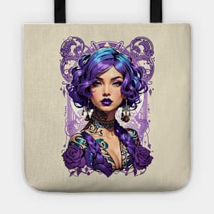 Bohemian Purple haired woman retro vintage tribal design Tote