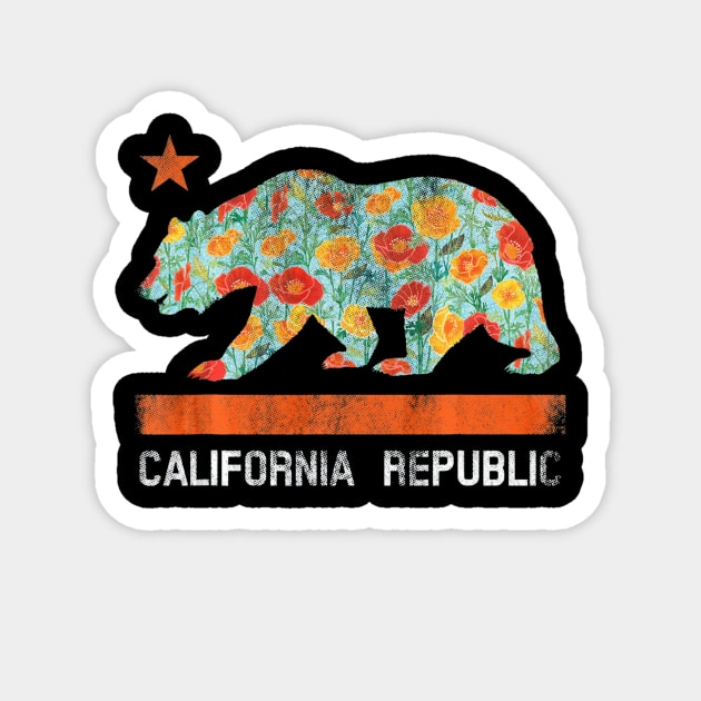 California Republic State Bear Star Poppy Flower LA Cali Tee Magnet by schaefersialice