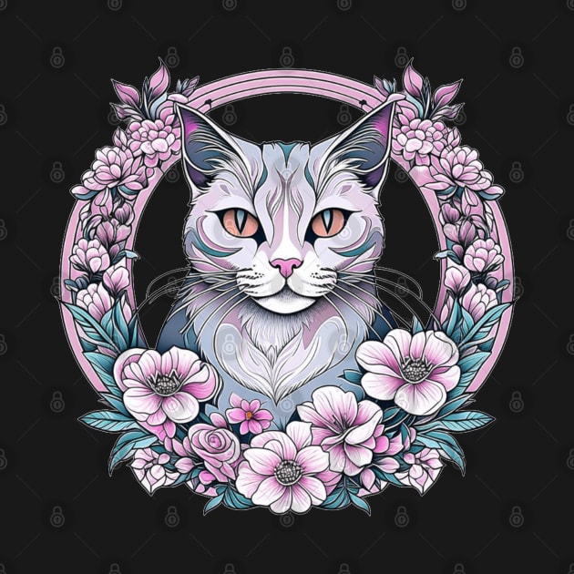 Pink Cat Floral Circle by VioletGrant