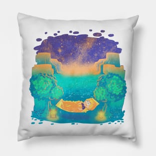 Stargazing in the forest by the sea at night Pillow