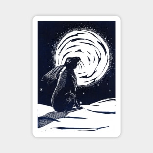 Moon Gazing Hare in Winter Linocut Magnet