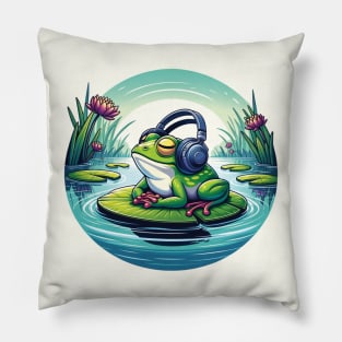 Chill Vibes Frog - Zen Music Lover Amphibian Illustration Pillow