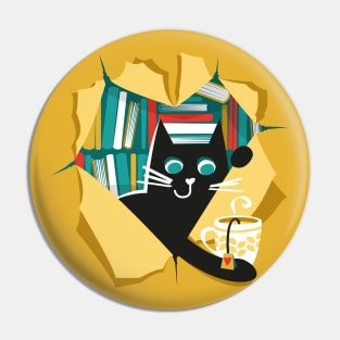 Bookish cat // black cat with tea mug teal neon red white and yellow books Pin