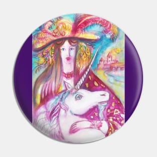 UNICORN  AND LADY WITH PEACOCK FEATHERS Pin