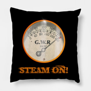 Steam On Vintage Railway Steam Gauge by MotorManiac Pillow