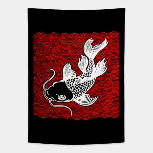 Koi Fish Great Wave Tattoo V2 Red Wht Tapestry