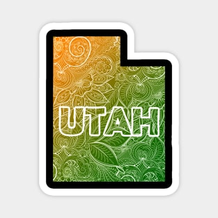 Colorful mandala art map of Utah with text in green and orange Magnet