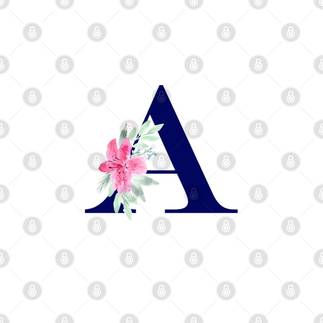 Watercolor Floral Letter A in Navy by Harpleydesign