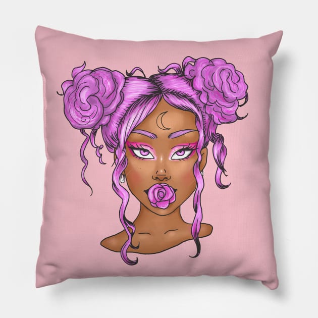 Cute black girl with pink hair art Pillow by MiaArt365