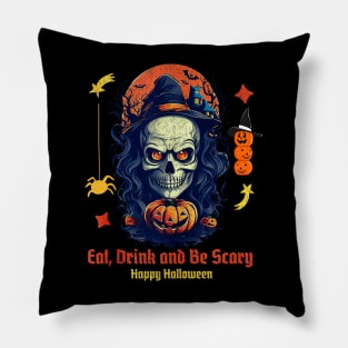 Eat Drink & Be Scary Cool Halloween Skeleton Graphic Design Pillow