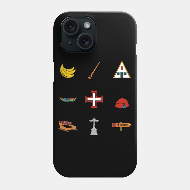 Madeira Island icons: Bananas, Poncha, Santana House, Fishing Boat, Cross, Folklore Hat, Toboggan Ride, Christ the Redeemer and Recommended Walking Route sign (PR) in colour Phone Case by Donaby