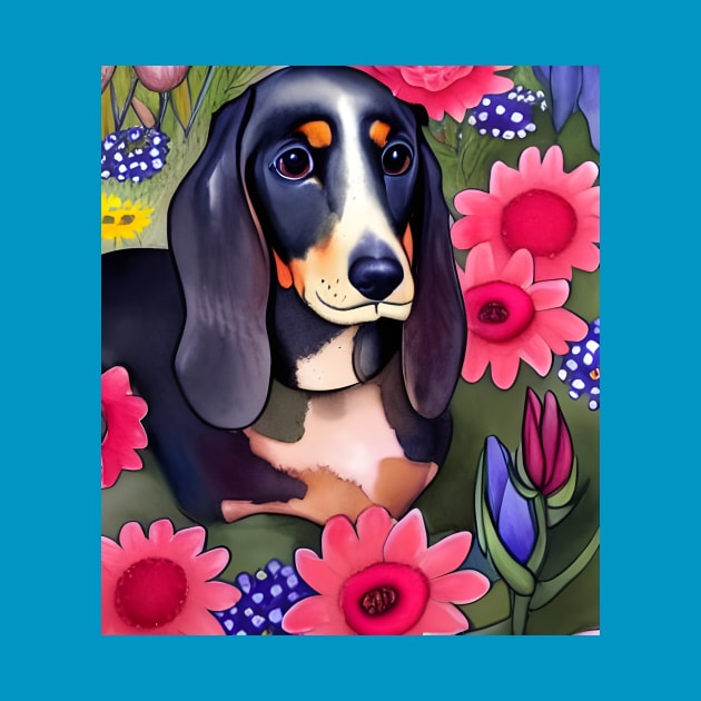 Basset Hound Dachshund Mix Basschshund Dog Puppy Whimsical Portrait Hiding in Wildflowers Secret Garden Digital Art Watercolor Painting by joannejgg