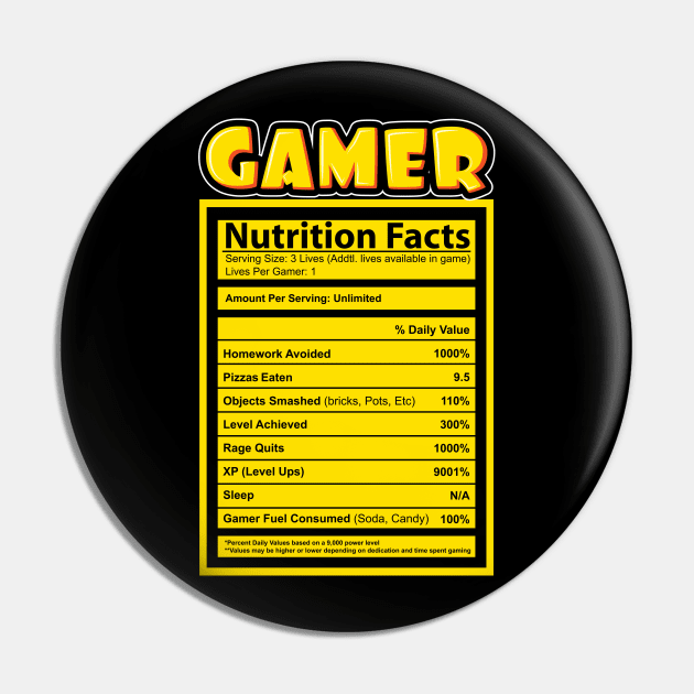 'Gamer Nutrition Blue Label Facts' Video Gamer Gift Pin by ourwackyhome