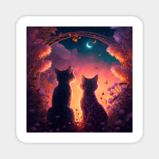 Adorable Two Cats Looking At Sunset Magnet