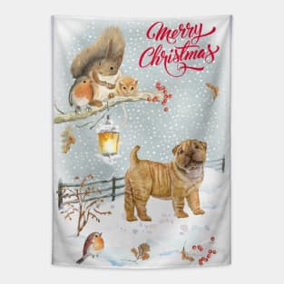Shar Pei Merry Christmas Santa Dog Holiday Greeting Tapestry
