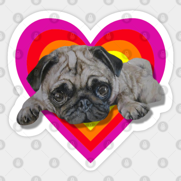 Adorable realistic pug painting on a digital vibrant heart - Pug - Sticker