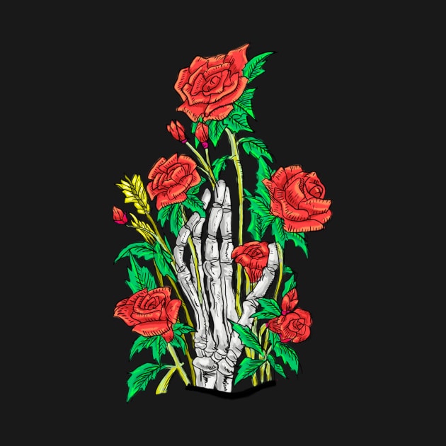 a skull hand and a red rose by goweshore