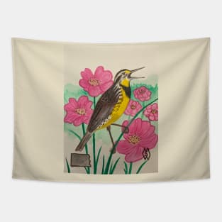 North Dakota state bird and flower, the meadowlark and wild prairie rose Tapestry