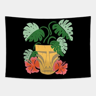 Potted Tiki Green Monstera Houseplant with Hibiscus Flowers Tapestry