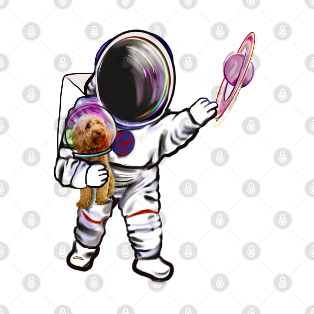 Astronaut and Cavapoo puppy dog in Space suit reaching  out to touch Saturn’s ring - cute Cavoodle, Cavapoo, Cavalier King Charles Spaniel by Artonmytee