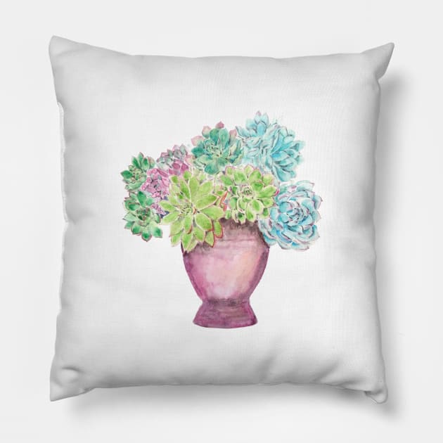 succulent in a pot watercolor Pillow by colorandcolor