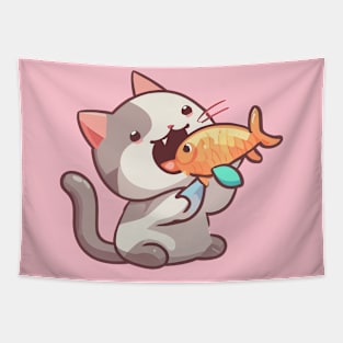 Cat eating goldfish Tapestry