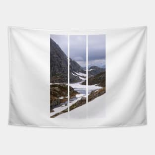 Wonderful landscapes in Norway. Vestland. Beautiful scenery on the Ryfylke scenic route. Mountains, rocks and snow in background. Cloudy day (vertical) Tapestry