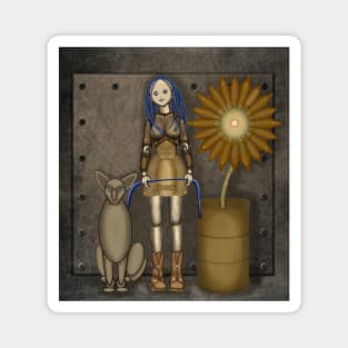 Girl with a cat and a sunflower. Steampunk Magnet
