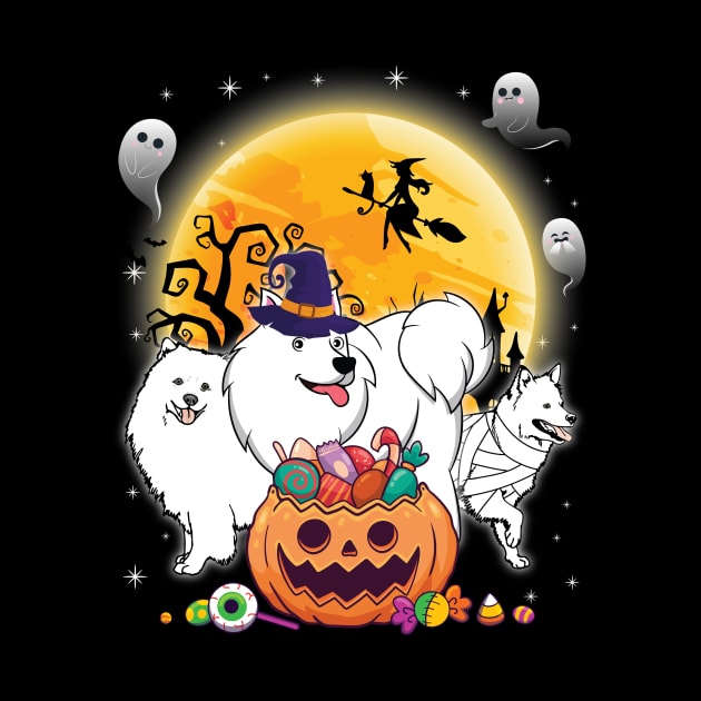 American Eskimo Dog Mummy Witch Moon Ghosts Happy Halloween Thanksgiving Merry Christmas Day by joandraelliot