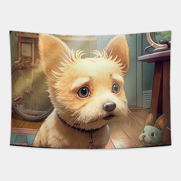 Cute dog with his companion rabbit Tapestry by PowKapowCreations