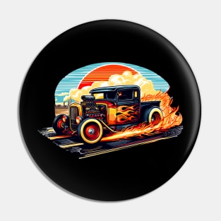 Retro Rat Rod Truck Sunset Flames Classic Hot Rod Pickup Pin