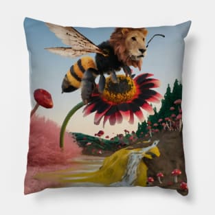 AI generated lion bee on daisy Pillow