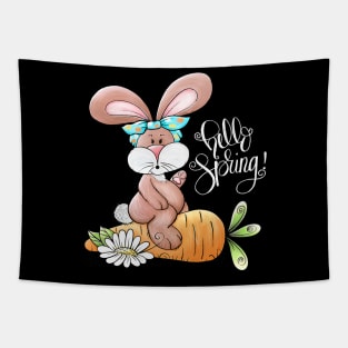 Hello Spring Easter Bunny Rabbit Messy Bun Carrot Easter Day Tapestry