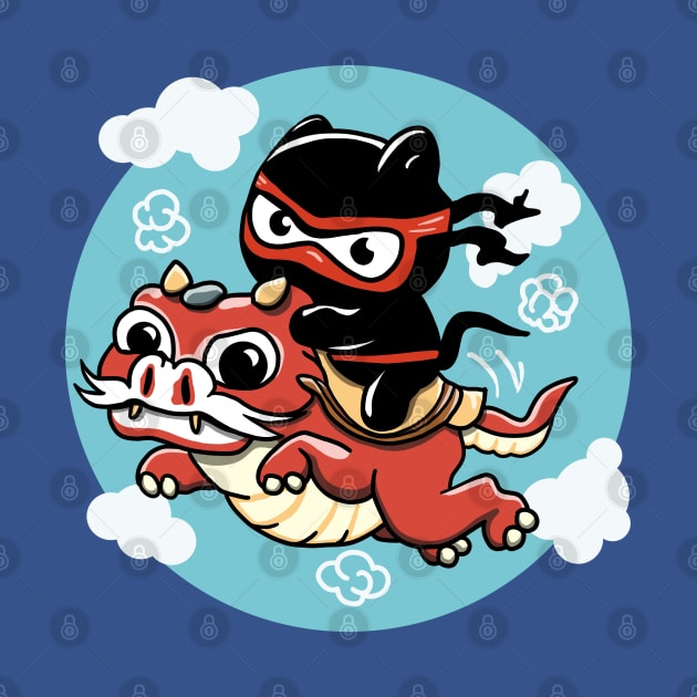 Kawaii Ninja Cat Riding a Red Dragon by TMBTM