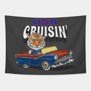 Cute and funny Tiger cruising the USA in an adorable classic car Tapestry