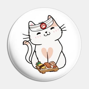 Funny white cat is a sushi chef Pin