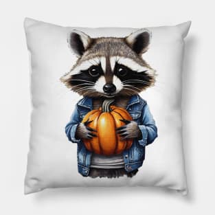 Cute Raccoon wearing jacket and holding a pumpkin Pillow