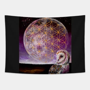 Flower of life - moon with owl Tapestry