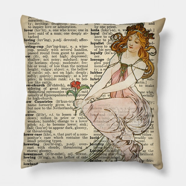 "Painting" in old book page - Mucha Pillow by ritta1310